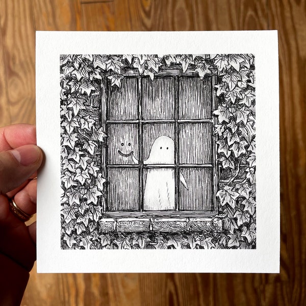 5x5 Fine Art Print, Cute Ghost Drawing Smile on Window of Haunted House, Black and White Spooky Gothic Decor by Laurie A. Conley