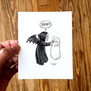 4x5 Spooky Art Print, Pen and Ink Drawing, Cute Grim Reaper and Ghost Friend, Boop Nose, Friendship Humor, Gothic Decor by Laurie A. Conley