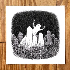5x5 Spooky Art Print, Pen and Ink Drawing, Ghost Friends in Cemetery ...