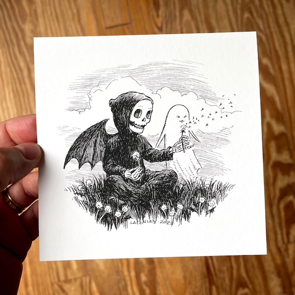 5x5 Spooky Art Print, Pen and Ink Drawing of Cute Grim Reaper and Ghost with Dandelions, Black and White Gothic Decor by Laurie A. Conley