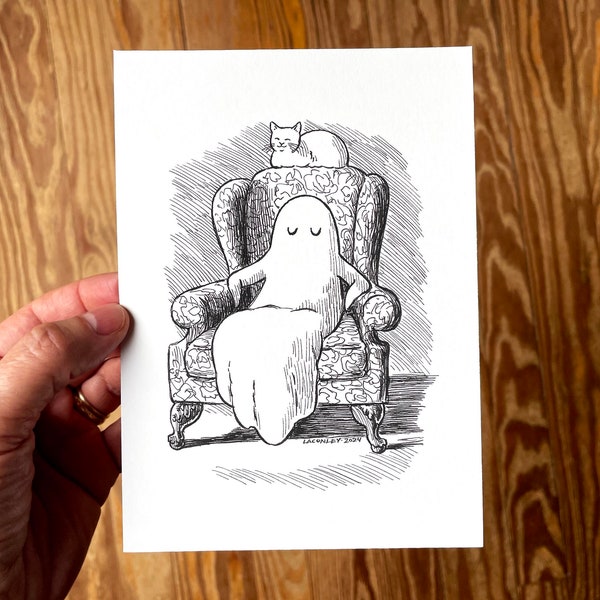 5x7 Giclée Art Print, Ghost and Cat Loaf Ghost Take Cat Nap, Pen and Ink Drawing, Spooky Cute Horror Art, Gothic Decor by Laurie A. Conley