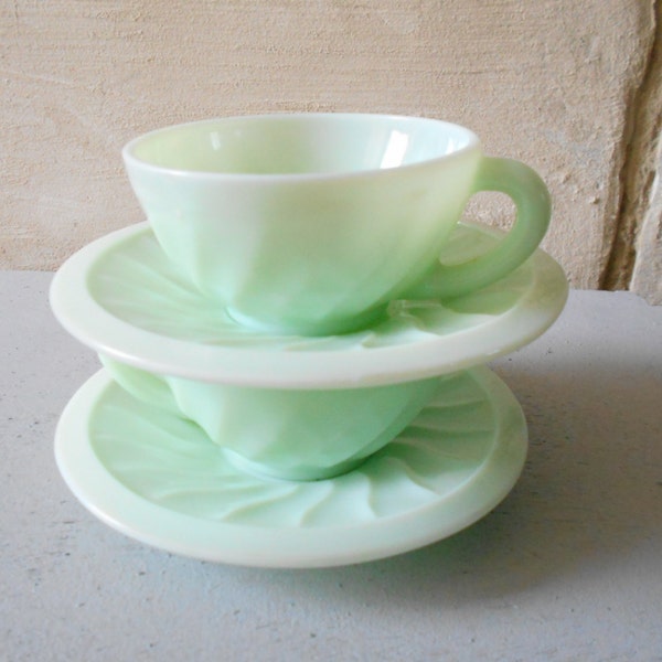 Jadeite set of 2 cups, jadeite cups, jadite cups and saucers, collectible milk glass.