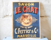 Vintage cat poster, cat illustration, French cardboard advertising for soap, Savon Le Chat Marseille.