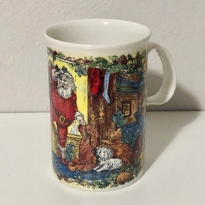 Vintage Dunoon Stoneware Coffee Cup / Tea Mug &quot;Santa&#39;s Arrival&quot; Christmas Cheer Series, Dogs and Cats, Made in Scotland