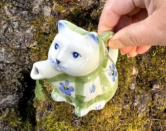 Vintage Ceramic Kitty Cat Cream Pitcher w/ Hand-Painted Blue Flowers (Andrea by Sadek, made in Thailand)