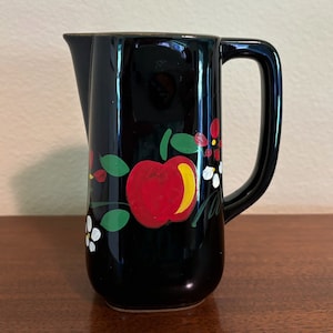 Vintage Black Ceramic Small 6&quot; Pitcher with Hand Painted Apples & Flowers, 1960s