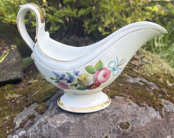 Zabytkowa, ręcznie malowana, kwiatowa sosjerka / dzbanek na sos