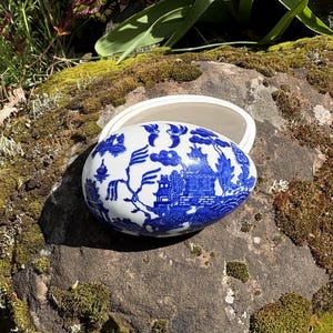 Könnte beinhalten: Eine ovale Schmuckdose aus blau-weißem Keramik mit Willow-Muster. Der Deckel ist geöffnet und gibt den Blick ins Innere frei. Die Dose liegt auf einem moosbewachsenen Felsen im Sonnenlicht.