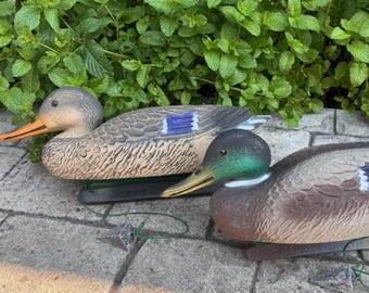 Señuelos de caza de patos de plástico vintage G & H, de mediados de siglo, de 16", pintados a mano, de tamaño natural, con pesas de plomo incorporadas. Dos disponibles. Precio por unidad.