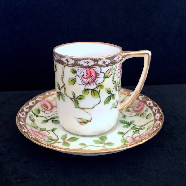 Vintage Antique Nippon Hand-Painted Demitasse Teacup & Saucer with Pink Roses and Gold Trim, Made in Japan