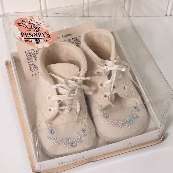 Rare Item!  Vintage Embroidered 100% Wool Felt Childcraft Baby Shoes, Original Laces, Box and Instruction Sheet, J. C. Penney's, 1950s