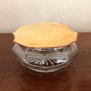 Vintage Vanity Dresser Glass Powder Jar with Pearlized Bakelite or Celluloid Lid, 1930s or 1940s