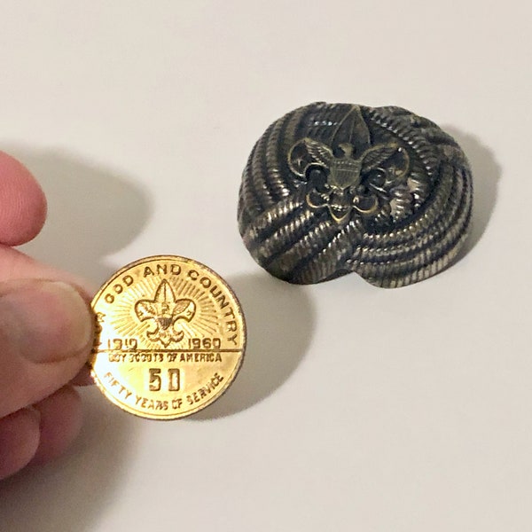 Vintage Boy Scouts of America Items: Neckerchief Slide / Woggle w/ American Eagle Emblem and 50th Anniversary Commemorative Token / Coin