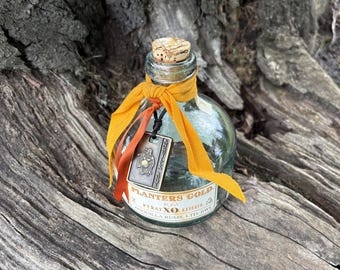 Botella/decantador de vidrio soplado a mano vintage vacío de ron Pyrat XO Reserve con tapón de corcho, Planters Gold
