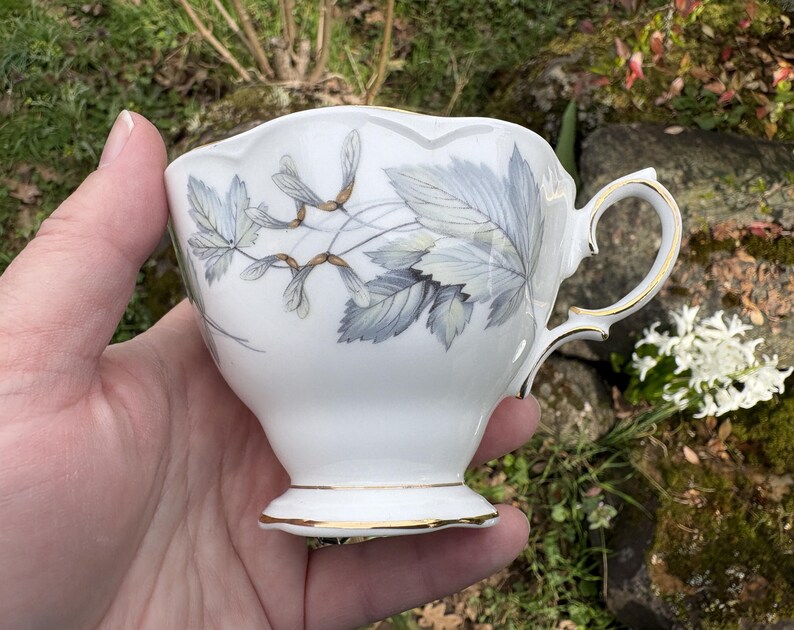 May include: White teacup with a gold rim and handle, featuring a delicate design of gray and green leaves and seed pods. The cup has a scalloped edge and sits on a small foot. A classic piece for tea or coffee.