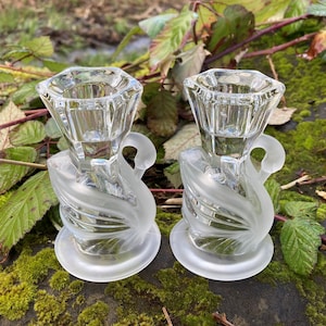 Set of 2 Vintage Frosted Crystal Swan-Shaped Candlestick Holders (Taper)