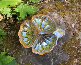 Vintage Jeanette Marigold Carnival Glass 3-Leaf Clover or Flower Shaped Divided Candy Dish / Nut Bowl / Trinket Dish w/ Iridescent Finish