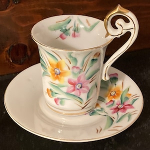 Vintage Occupied Japan Demitasse Espresso Cup & Saucer w/ Hand-Painted Pink and Yellow Flowers and Gold Trim