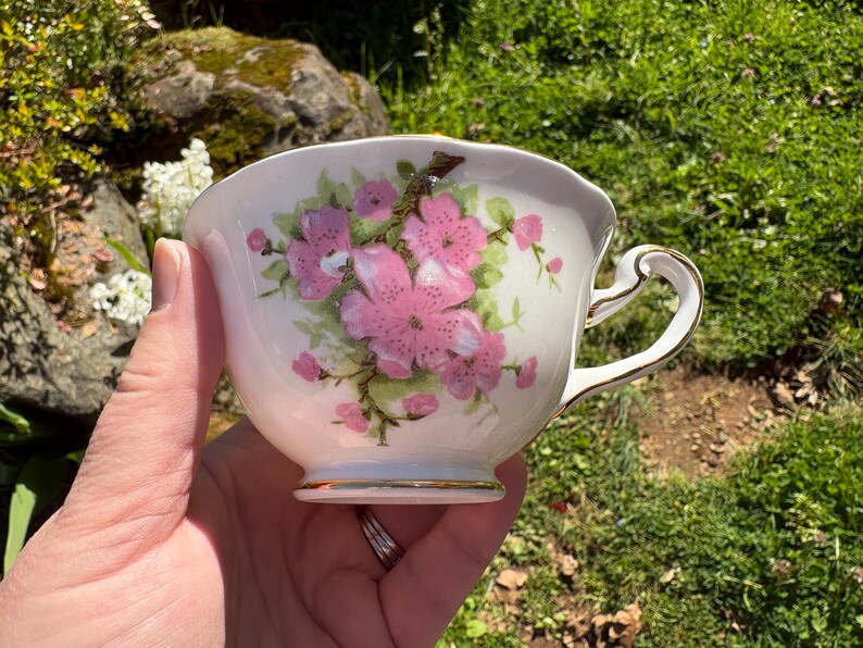 Vintage Royal Schnürsenkel Englisch Bone China "Peach Blossom" Teetasse & Untertasse mit rosa Blumen (Made in England) Bild 6