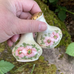 Vintage Hand-Painted Porcelain Pale Yellow Salt & Pepper Shakers / Hat Pin Holders w/ Pink Roses and Gold Trim (MZ Austria?)