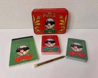 Set of 2 Vintage Coca-Cola Decks of Playing Cards in Tin, New & Unopened, w/ Original Score Pad and Pencil, Made in Hong Kong (NOS)