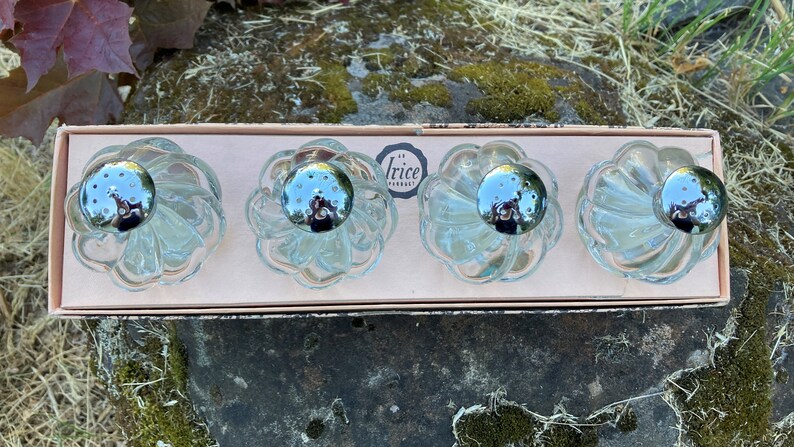 May include: Set of four clear glass salt and pepper shakers in a pink box. The shakers have a flower-like design and silver tops. The box has the text "Irice Products" printed on it.