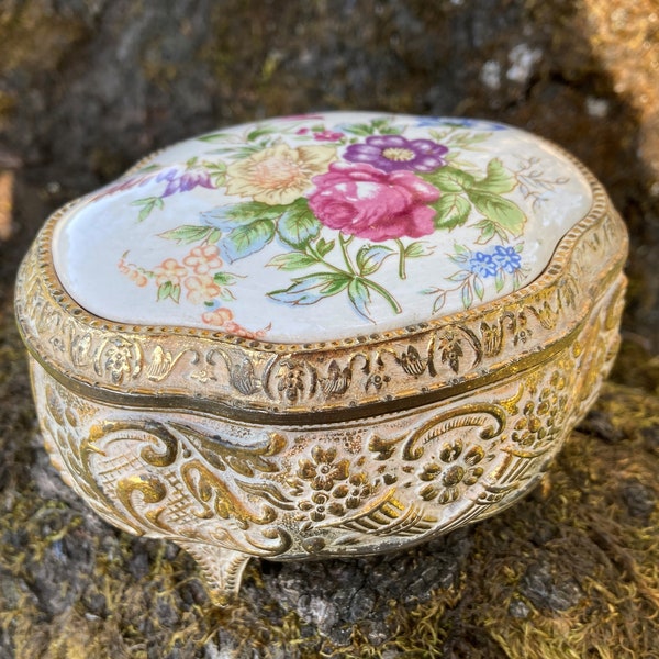 Vintage 4" Ornate Gold-Tone Metal 4-Footed Jewelry / Trinket Box w/ Porcelain Floral Top, Red Velvety Lining & Hinged Lid