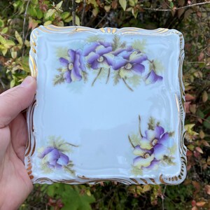 Vintage Dresden Germany Ceramic Trivet w/ Purple Flowers and Gold Trim image 2