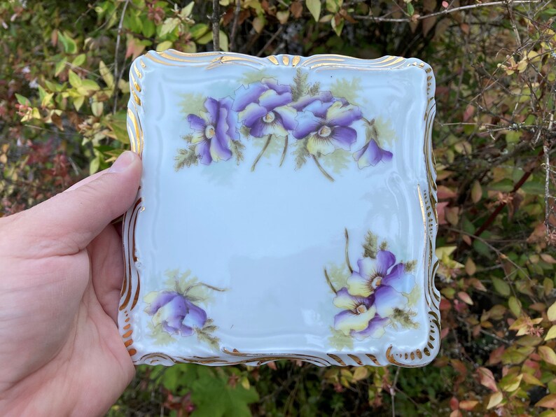 Vintage Dresden Germany Ceramic Trivet w/ Purple Flowers and Gold Trim image 2