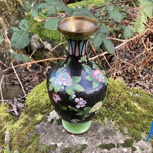Vintage Black Enamel on Brass Cloisonne 9" Vases w/ Chrysanthemum Flowers (2 available, sold separately, see description)