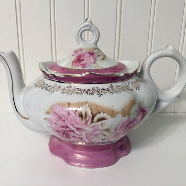 théière musicale vintage Lefton en porcelaine avec roses roses / pivoines, joue « Thé pour deux », fabriquée au Japon