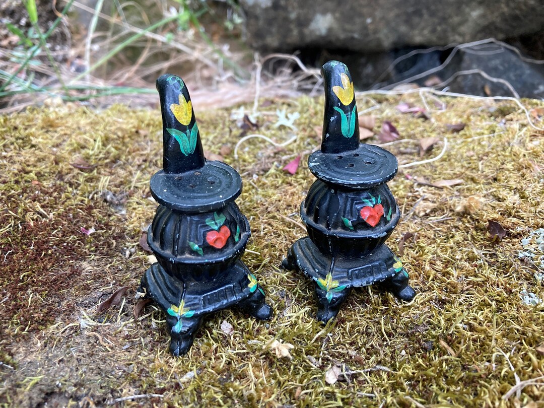 Vintage Cast Iron Potbelly Stove Salt and Pepper Shakers W/ Hand
