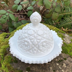 vintage MCM Milk Glass Cheese Dome / Butter Dish / Cloche & Serve Plate w / Sawtooth Edge and Winburn Pattern (Fostoria? Westmoreland?)