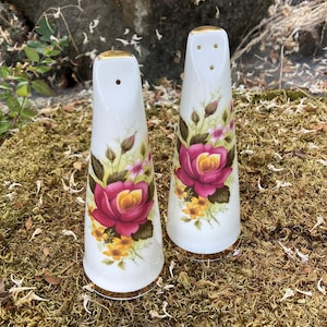 Vintage Sandford Bone China Large 6&quot; Cone-Shaped Salt & Pepper Shakers w/ Pink and Yellow Roses, and Gold Trim (Made in England)