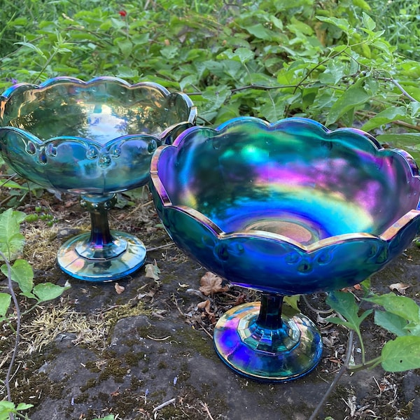 Vintage Iridescent Peacock Blue "Teardrop" Garland Carnival Glass 8.5" Pedestal Bowl / Compote / Centerpiece (Indiana) sold separately