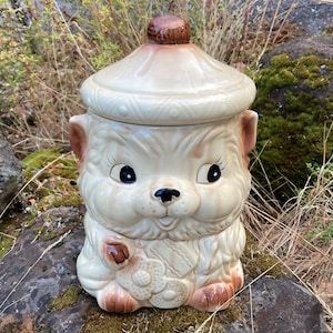 Vintage Japanese Kitsch Anthropomorphic Cookie Jar of Kitty Cat w/ Hat Eating Cookies (or Teddy Bear?)