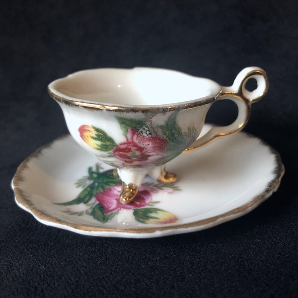 Vintage Miniature/Child-Sized Porcelain 3-Footed Teacup and Saucer with Peonies, Gold Trim, Made in Japan