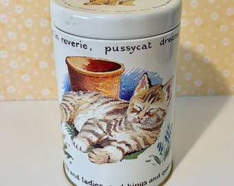Vintage Collectible JE Hastings Tin Canister with Cats / Kittens, Butterflies, Flowers, Made in England