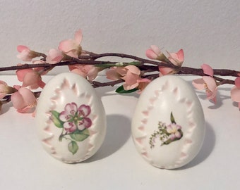 Vintage Set of Two Porcelain Eggs with Embossed Cracked-Look Inset, Pink Flowers