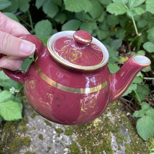 May include: A maroon ceramic teapot with a gold band and floral accents. The teapot has a white rim and lid with a gold knob. The teapot is held by a hand against a background of green foliage.