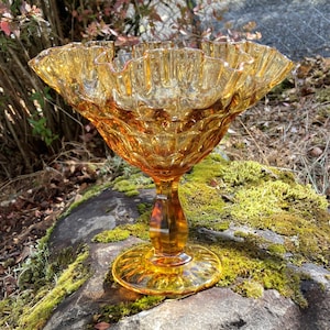 Gorgeous 8&quot; Amber Fenton Glass &quot;Thumbprint&quot; Pedestal Candy Dish w/ Ruffled Double Crimp Edge