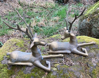 Set of 2 Vintage (VERY LARGE) Brass Sarreid Reclining Stag Deer Statues / Figurines - 17&quot; tall, 20&quot; long (Christmas Reindeer?)