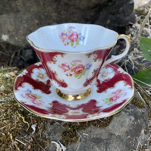 Vintage Queen Anne &quot;Lady Eleanor&quot; Fine Bone China Maroon-Red Floral Teacup and Saucer w/ Pink Roses and Ornate Scrollwork (made in England)