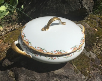 Vintage Limoges France VIGNAUD "The Meuse" Covered Vegetable Dish / Soup Tureen w/ orange flowers, gold trim (French Porcelain)