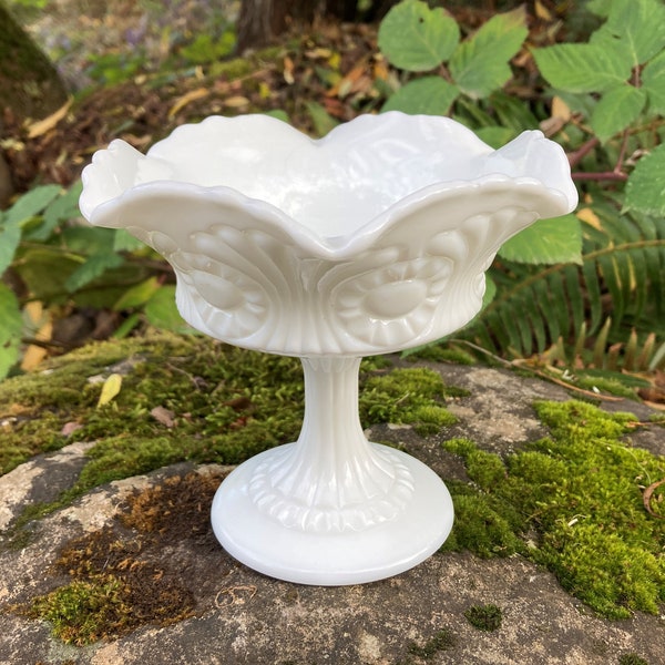 Gorgeous Vintage Fenton White Milk Glass "Scroll and Eye" Pedestal Dish / Compote / Candy & Nut Bowl w/ Ruffled Edge (5" tall)