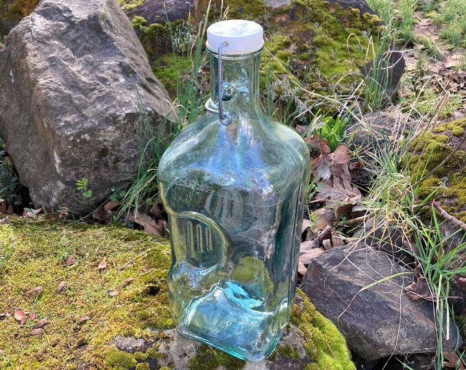 Vintage Large 12 Greenish Glass Milk Bottle W/ Ribbed Grip Indent