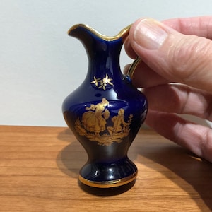 Vintage Limoges Cobalt Blue Miniature 3&quot; Pitcher / Ewer / Creamer / Small Vase with Gold Trim and Courting Couple, Made in France
