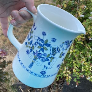 Vintage Mid Century 6.5&quot; Pitcher / Vase by Figgjo Flint Lotte Turi-Design, made in Norway, Handpainted Silkscreen w/ Woman & Flowers