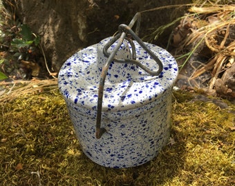 Vintage Spatterware Cheese Crock w/ Wire Bail Lid (Stoneware Pottery Storage Jar w/ White & Blue Speckles) 5&quot; tall 4&quot; diameter (4 available)