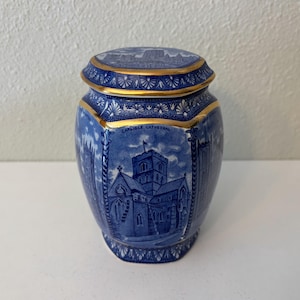 Vintage Wade Pottery Rington&#39;s Porcelain Tea Caddy / Lidded Jar with British Cathedrals and Abbeys, Blue w/ Gold Trim (Made in Britain 1989)